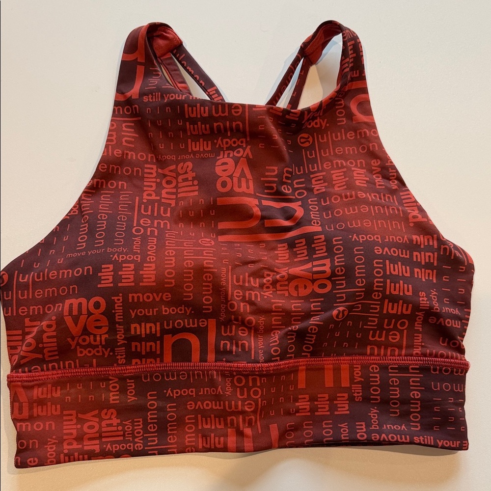 Lululemon Energy Bra High Neck Like New - Dark Red Logo Print - Size 8